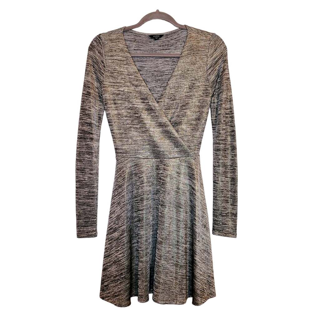 Guess retro metallic black and gold jersey long sleeved surplice dress size XS